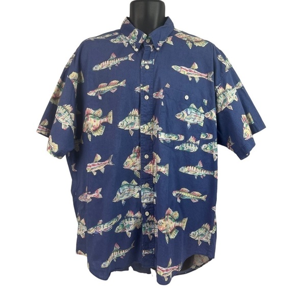 Chaps Other - Chaps Ralph Lauren Short Sleeve Shirt All Over Fish Print Blue XL Vintage